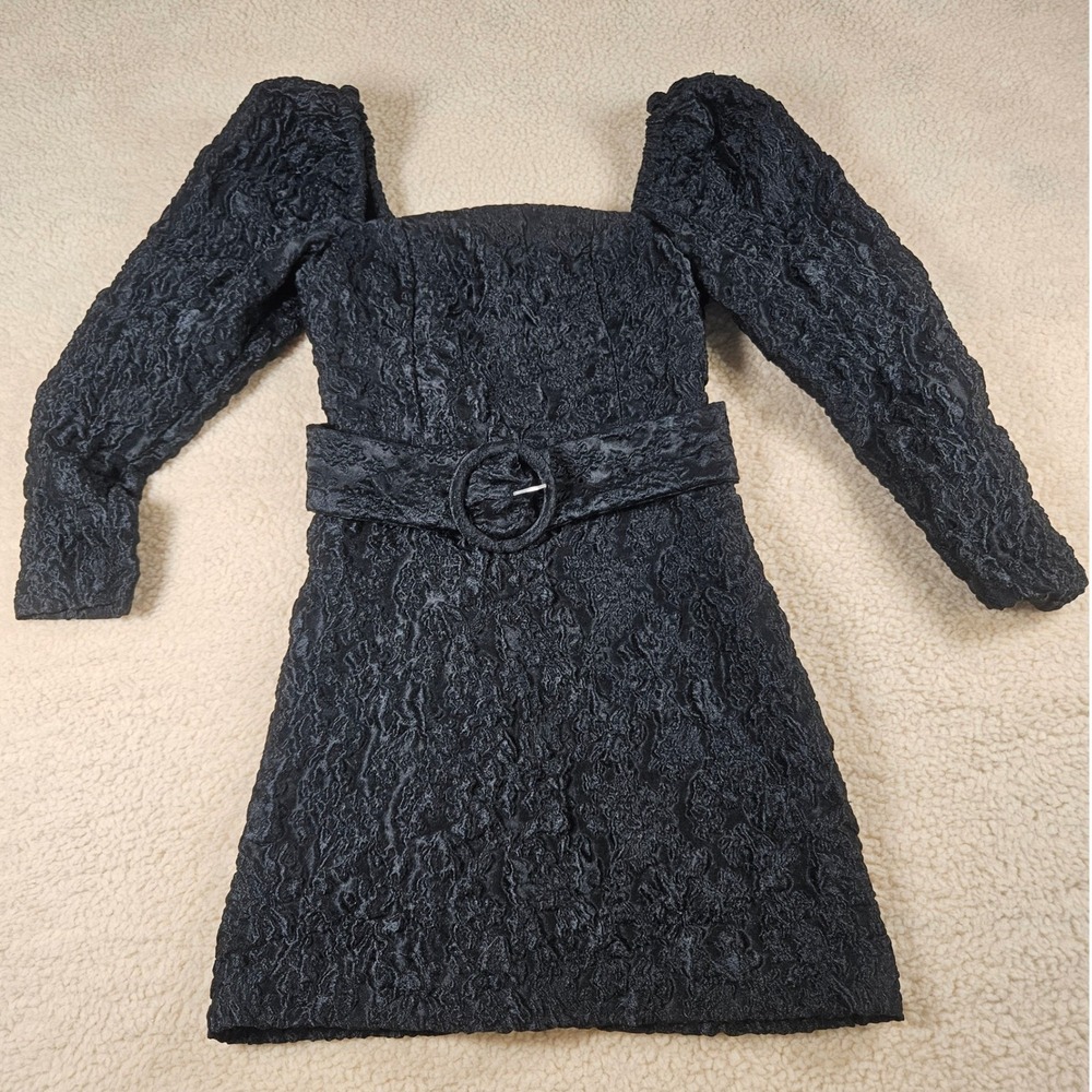 & Other Stories Mini Dress Women 4 Black Textured Jacquard Puff Sleeve Goth Chic